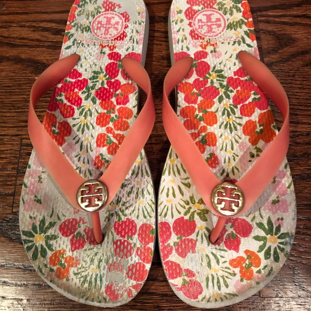Tory Burch Coral Strap Floral Flip Flops